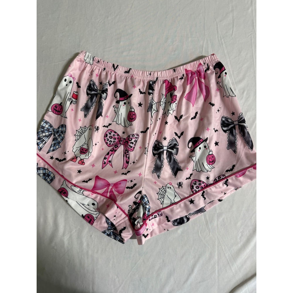Pink Halloween Ghost Bow Pajama Set Short Sleeve Button Down Shorts Womens Large - Picture 7 of 11
